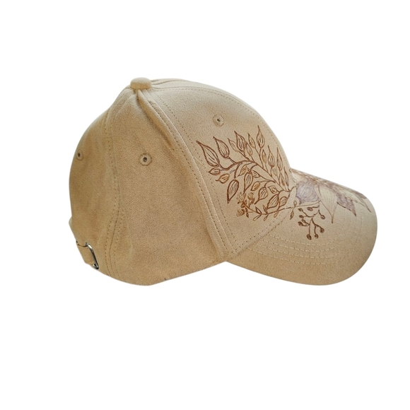 Hand Burned Floral Baseball Cap, Faux Suede. Unique - Picture 3 of 6